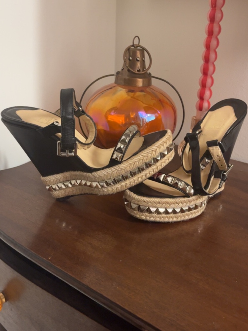 Christian Louboutin Black Studded Espadrille Wedge Sandals